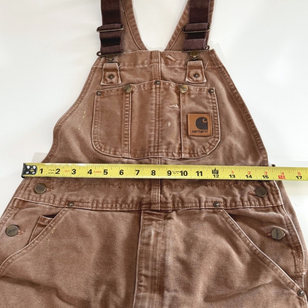 Carhartt R08 BRN Brown Duck Double Knee Bib Overalls Distressed Paint 32x30 Mens - Picture 3 of 13